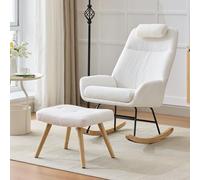 hrijusdif Fauteuil à bascule en velours blanc avec pieds en hévéa, cadre en fer moulé par injection, fauteuil de salon, chambre à coucher avec appui-tête et repose-pieds