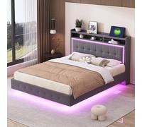 hrijusdif Lit capitonné 140 x 200 cm, avec prise USB et lumière LED, le lit peut être placé à la tête du lit, design de pied caché, lit double plat, tissu en lin gris