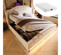 hrijusdif Lit capitonné, 140 x 200 cm, lit double avec espace de rangement hydraulique, éclairage LED et port de charge USB-C, lit de rangement et lit d'adolescent avec sommier à lattes, velours