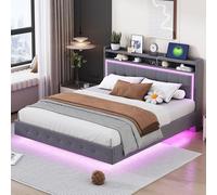 hrijusdif Lit capitonné 160 x 200 cm, avec prise USB et lumière LED, le lit peut être placé à la tête du lit, design de pied caché, lit double plat, tissu en lin gris