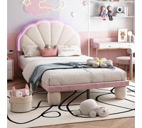hrijusdif Lit capitonné, avec bandes lumineuses LED colorées, tête de lit ondulée, pieds ronds rembourrés, berceau en velours, beige et rose, lit simple avec lattes en bois (blanc + rose + velours +