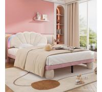 hrijusdif Lit capitonné, avec bandes lumineuses LED colorées, tête de lit ondulée, pieds ronds rembourrés, berceau en velours, beige et rose, lit simple avec lattes en bois (blanc + rose + velours +