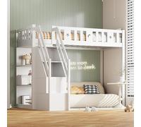 hrijusdif Lit mezzanine 90 x 200 cm, avec échelle de rangement et étagères, lit simple en bois, lit pour adolescent, lit d'enfant, cadre en bois massif, blanc