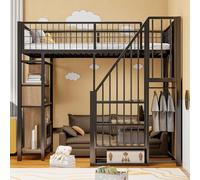 hrijusdif Lit mezzanine multifonction 90 x 200 cm en métal avec espace de rangement, étagères de rangement et escalier, lit adulte et adolescent, noir