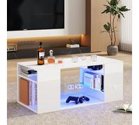 hrijusdif Table basse haute brillance avec verre, table basse LED, blanc, plusieurs emplacements de rangement, 96 x 45 x 45 cm