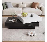 hrijusdif Table basse pivotante, partie centrale double couche en panneau de particules, design de coutures noires et blanches, surface brillante, 100 x 60 x 35 cm, table basse moderne pour salon