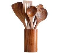 Hrippy Ensemble D'ustensiles De Cuisine en Bois 6 Pièces, Cuillère De Cuisine, Cuillère De Service, Spatule en Bois, Vaisselle De Rangement en Bois, Ensemble D'outils De Cuisine
