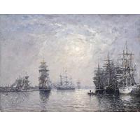 HRJUBWREE Célèbre Peinture D'Art Murale Toile Murale Tableau Le Havre Eure Bassin Voiliers Au Coucher Du Soleil par Eugène Louis Boudin Affiche Artistique Pour un Usage Bureautique 60x90cm