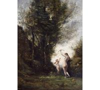 HRJUBWREE De Célèbres Tableaux Toile Murale Tableaux Peinture Murale Nordique une Nymphe jouant avec Cupidon de Jean Baptiste Camille Corot Impression Affiche Pour la Décoration de la Chambre 60x90cm