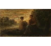 HRJUBWREE Portrait Tableaux Imprimer Affiche Murale D'Art L'Image Deux femmes assises près d'un lac Huile sur toile par Ignace Henri Jean Fantin Latour Décorations Pour la Maison 60x90cm