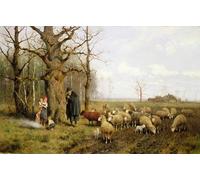 HRJUBWREE Portrait Tableaux Imprimer Affiche Murale D'Art L'Image Enfants avec un berger et des moutons dans un paysage par Adolf Ernst Meissner Décorations Pour la Maison 60x90cm