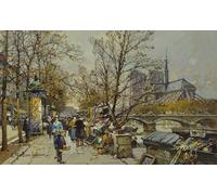HRJUBWREE Posters Impressions Toile Moderne D'Images Art Imprimé Image la Rive Gauche Paris avec Notre Dame Beyond d'Eugène Galien Laloue Toile Paysage Peinture Pour la Décoration du Salon 60x90cm