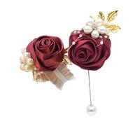 Hrlace Boutonnière et fleur de poignet 2 pièces roses poignet corsage de mariée poignet fleur bracelet fleur poignet corsage marié boutonnière pour mariage, bal de fin d'année, fête bordeaux