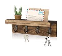 HRONRAD Porte-clés rustique pour mur, étagère murale de ferme avec 4 crochets, porte-clés mural, organiseur de courrier en bois avec crochets pour entrée (marron)