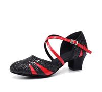 HROYL Chaussures de Danse de Salon Femme Bout Fermé Glitter Chaussure de Danse Latine Salsa pour Mariages et Fêtes,513-NoirLP+Rouge-4.5,EU 39