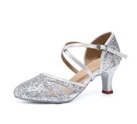 HROYL Chaussures de Danse de Salon Femme Bout Fermé Glitter Chaussure de Danse Latine Salsa pour Mariages et Fêtes,513-ArgentLP+BW-7,EU 38.5