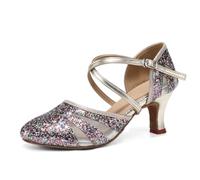 HROYL Chaussures de Danse de Salon Femme Bout Fermé Glitter Chaussure de Danse Latine Salsa pour Mariages et Fêtes,513-Champagne+BW-7,EU 36.5