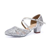 HROYL Chaussures de Danse de Salon Femme Bout Fermé Glitter Chaussure de Danse Latine Salsa pour Mariages et Fêtes,513-ArgentLP+BW-4.5,EU 36.5