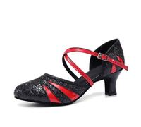 HROYL Chaussures de Danse de Salon Femme Bout Fermé Glitter Chaussure de Danse Latine Salsa pour Mariages et Fêtes,513-NoirLP+Rouge-5,EU 36.5
