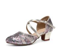 HROYL Chaussures de Danse de Salon Femme Bout Fermé Glitter Chaussure de Danse Latine Salsa pour Mariages et Fêtes,513-Champagne+BW-4.5,EU 37.5