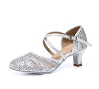 HROYL Chaussures de Danse de Salon Femme Bout Fermé Glitter Chaussure de Danse Latine Salsa pour Mariages et Fêtes,513-ArgentLP+BW-5,EU 36.5