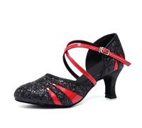 HROYL Chaussures de Danse de Salon Femme Bout Fermé Glitter Chaussure de Danse Latine Salsa pour Mariages et Fêtes,513-NoirLP+Rouge-7,EU 36.5