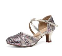 HROYL Chaussures de Danse de Salon Femme Bout Fermé Glitter Chaussure de Danse Latine Salsa pour Mariages et Fêtes,513-Champagne+BW-5,EU 36.5