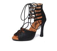 HROYL Chaussures de Danse de Salon Latine Bottines Lacets Petit Talon Bottes de Danse Femme Salsa et Bachata,YCL544-Suola di Gomma-Noir-7.5,EU 36