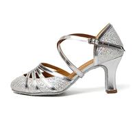 HROYL Chaussures de Danse Latine Femme Salsa Bachata Paillettes Bout Fermé Chaussures Danse Tango de Salon FT053 Argent 36.5 EU