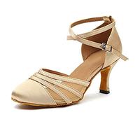 HROYL Femmes Fermé Toe Talons Hauts Soie Mesh Salsa Latin Tango Chaussures De Danse De Salon,189-7.5-Beige,EU39
