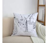 HRRASFAZF Housse de Coussin Décor - Fermeture Éclair Invisible - Housse Coussin Doux,Confortable,Croquis d'une Station de Ski, d'un téléski Noir et Blanc et d'un téléski sur des pins,50x50 cm