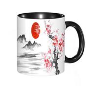 HRRASFAZF Tasse à Café | Tasse Céramique Fine | Cadeau Original | 330ml | Mug avec Anse | Cadeau Original pour Homme et Femme | Montagne de peinture traditionnelle japonaise Sun Sakura Lake du Japon