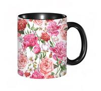 HRRASFAZF Tasse à Café | Tasse Céramique Fine | Cadeau Original | 330ml | Mug avec Anse | Cadeau Original pour Homme et Femme | Aquarelle, pivoines roses et roses, feuilles vertes, bouquet exotique e