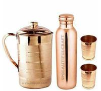 HRS India Ensemble complet de 4 bouteilles d'eau 100 % cuivre avec pichet de 900 ml et 2 verres à eau de 300 ml chacun