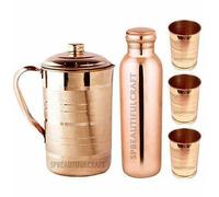 HRS India Ensemble complet de 5 bouteilles d'eau en cuivre pur avec pichet de 900 ml et 3 verres à eau de 300 ml chacun
