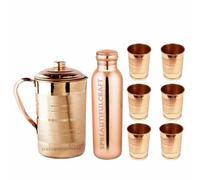 HRS India Ensemble complet de 8 bouteilles d'eau en cuivre pur avec pichet de 900 ml et 2 verres à eau de 300 ml chacun