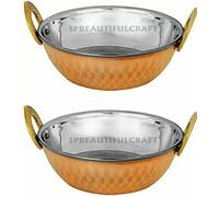 HRS India Lot de 2 bols de service en acier pur cuivre martelé à double poignée Wok Katori 300 ml 14 x 5 cm