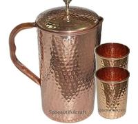 HRS India Pichet à eau en cuivre martelé pur avec couvercle à bouton en laiton 1500 ml avec 2 verres en cuivre 300 ml