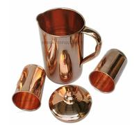 HRS India Pichet à eau en cuivre pur 1500 ml avec 2 gobelets en cuivre avec 2 verres en cuivre 300 ml