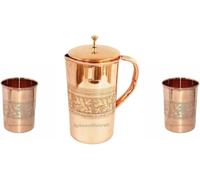 HRS India Pichet à eau en cuivre pur 1500 ml avec finition en relief floral avec 2 verres en cuivre Ayurveda Bienfaits pour la santé