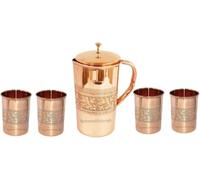 HRS India Pichet à eau en cuivre pur 1500 ml avec finition en relief floral et 4 verres en cuivre Ayurveda bienfaits pour la santé