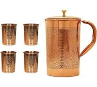 HRS India Pichet à eau en cuivre pur 1500 ml Finition en relief avec 4 verres en cuivre Ayurveda Bienfaits pour la santé