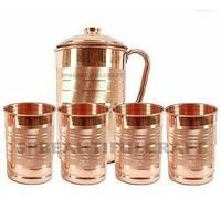 HRS India Pichet à eau en cuivre pur de 1500 ml, 4 gobelets en verre de 300 ml, bienfaits pour la santé