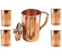 HRS India Pichet à eau en cuivre pur de 1500 ml, 4 gobelets en verre de 300 ml, bienfaits pour la santé