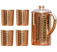 HRS India Pichet à eau en cuivre pur martelé 2 litres, 4 gobelets en verre 300 ml Bienfaits pour la santé