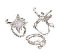 Hrtyvhin Anneaux réglables simples et irréguliers, 3 pièces, chaîne de Texture en alliage à doigt géométrique ouvert pour diverses occasions, ensemble de perles et de pierres de lune