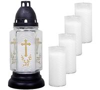 HS Candle Buena Lampe funéraire en verre avec croix et 5 bougies de recharge Blanc 24 cm