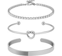 HSAJS 3 Pcs Bracelet Or pour Femme 14K Plaqué Or Bracelet Jonc Femme Empilables Jonc Manchette Réglables Ensemble Bracelet Bijoux Or pour Femme Filles (Argent)