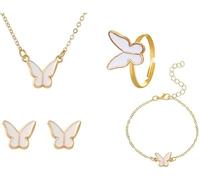 HSAJS 4 Pièces Ensemble Bijoux Papillon Élégant Collier Boucles D'oreilles Bracelet Bague Accessoires Femme Alliage Doré Noir