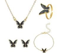 HSAJS 4 Pièces Ensemble Bijoux Papillon Élégant Collier Boucles D'oreilles Bracelet Bague Accessoires Femme Alliage Doré Noir